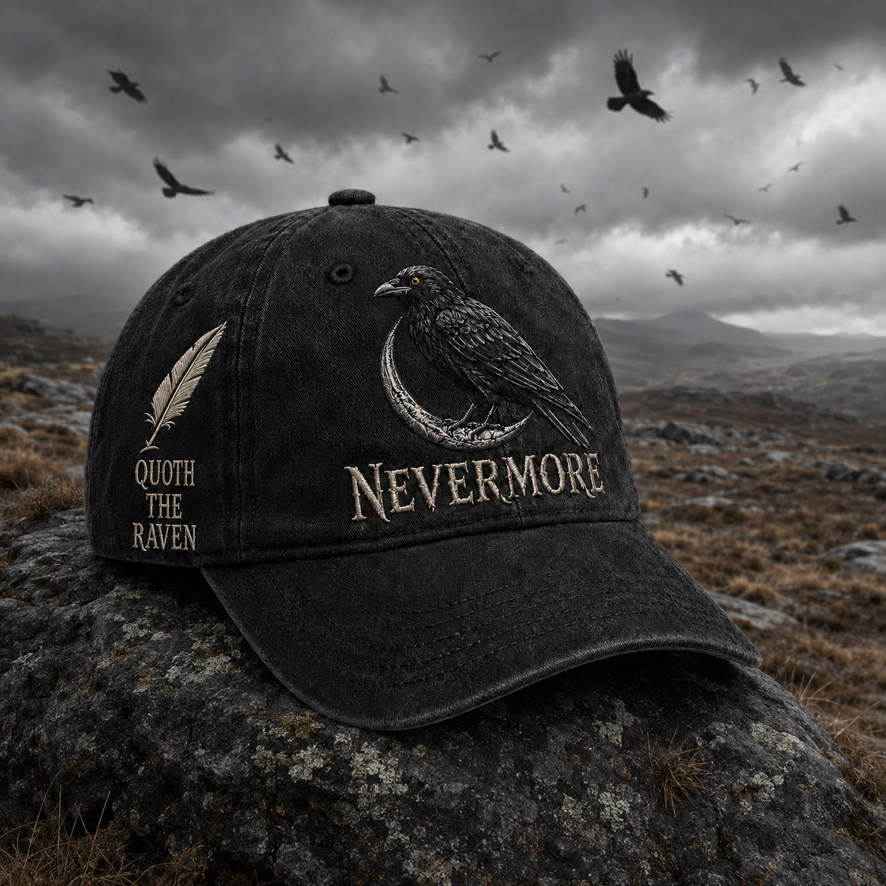 ⬛🐦Nevermore Embroidered Raven Vintage Cap | Gothic Bird Lover Hat-HandPrint