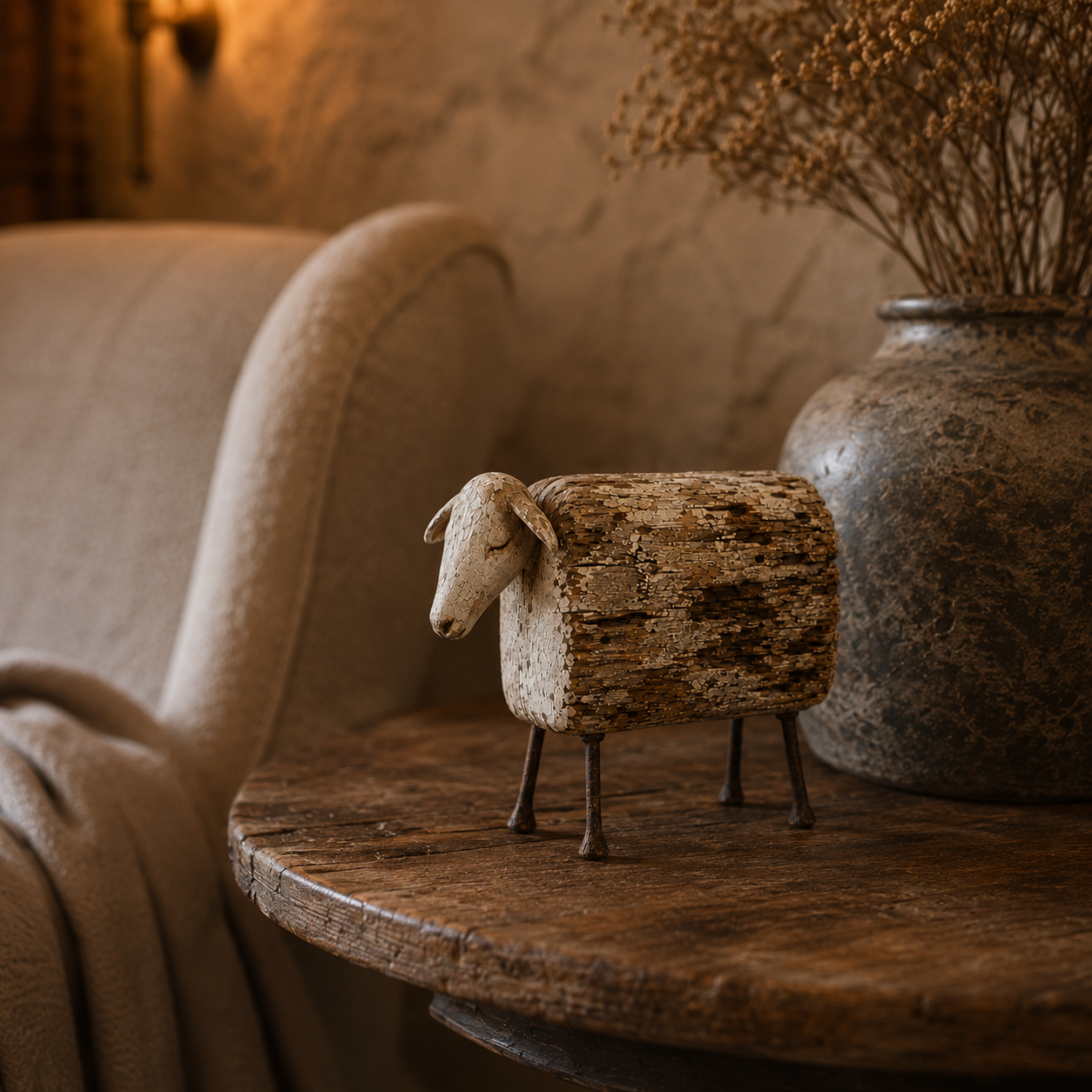 Vintage Distressed Sheep  Sculpture-HandPrint