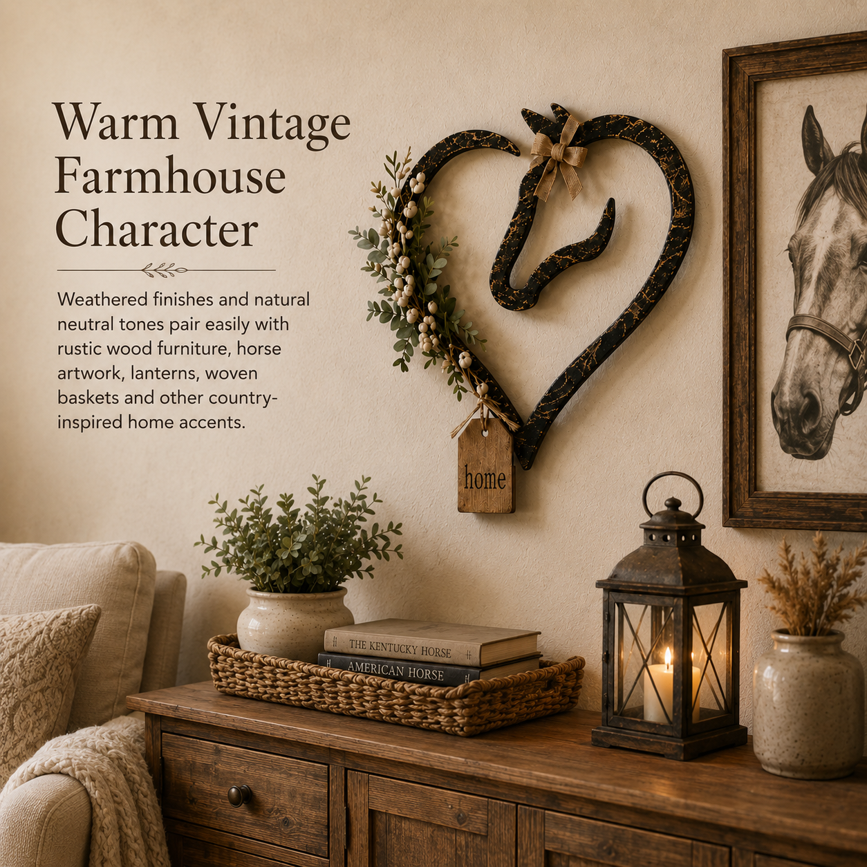 Rustic Horse Heart Wall Decor with Greenery – Farmhouse Equestrian Home Accent-HandPrint