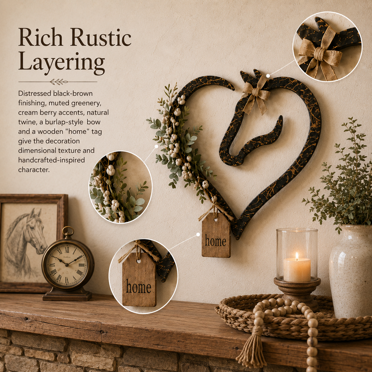 Rustic Horse Heart Wall Decor with Greenery – Farmhouse Equestrian Home Accent-HandPrint