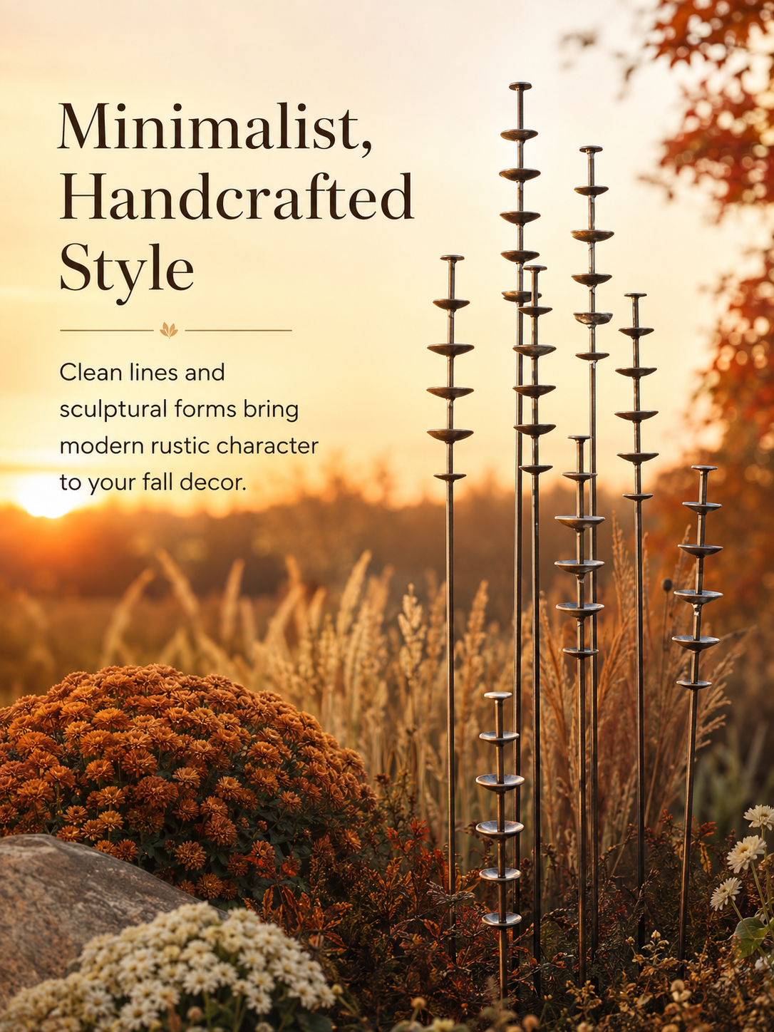 9 Pack Rustic Metal Flower Garden Stake Set, Bird Perch Station & Pollinator Watering Garden Decor-HandPrint