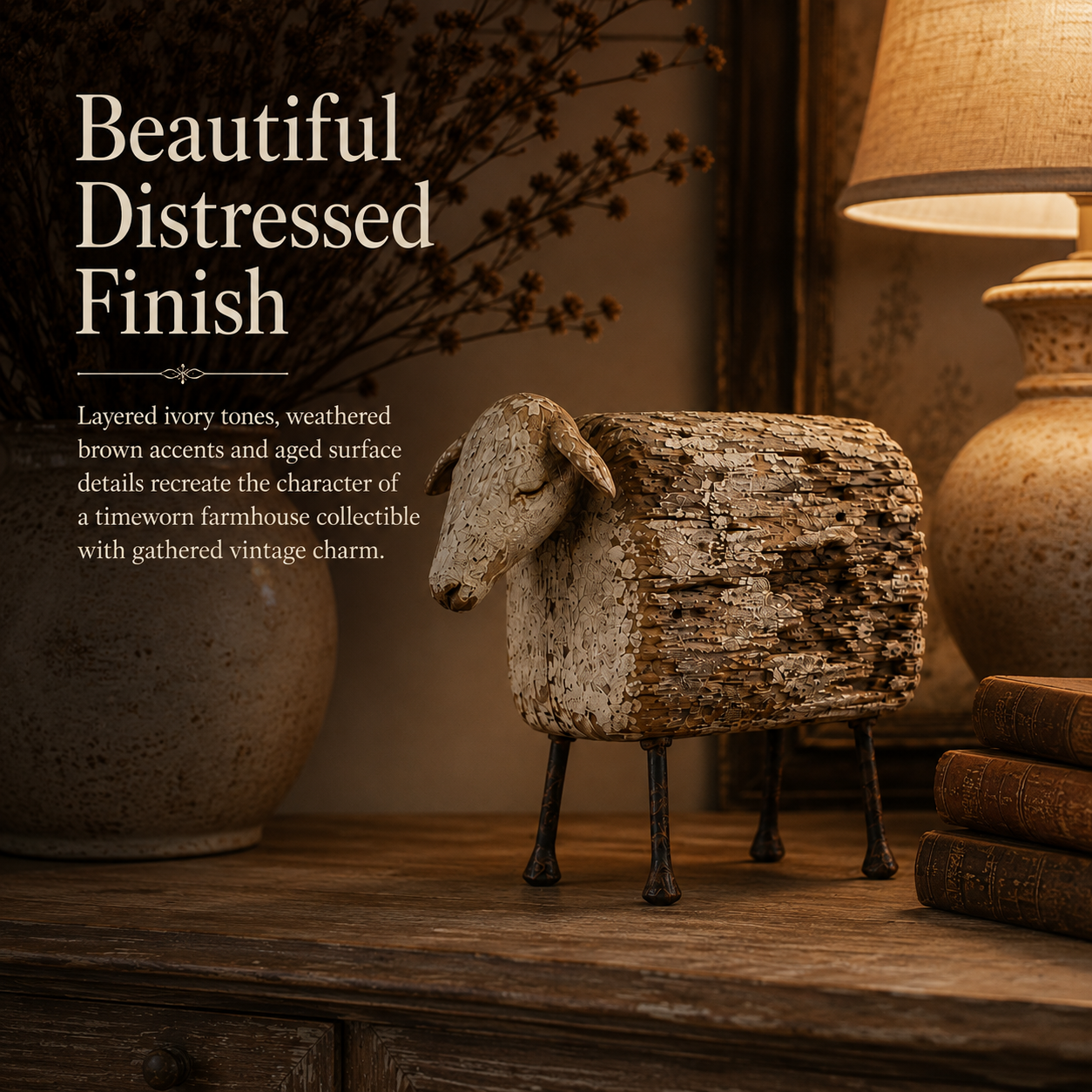 Vintage Distressed Sheep  Sculpture-HandPrint