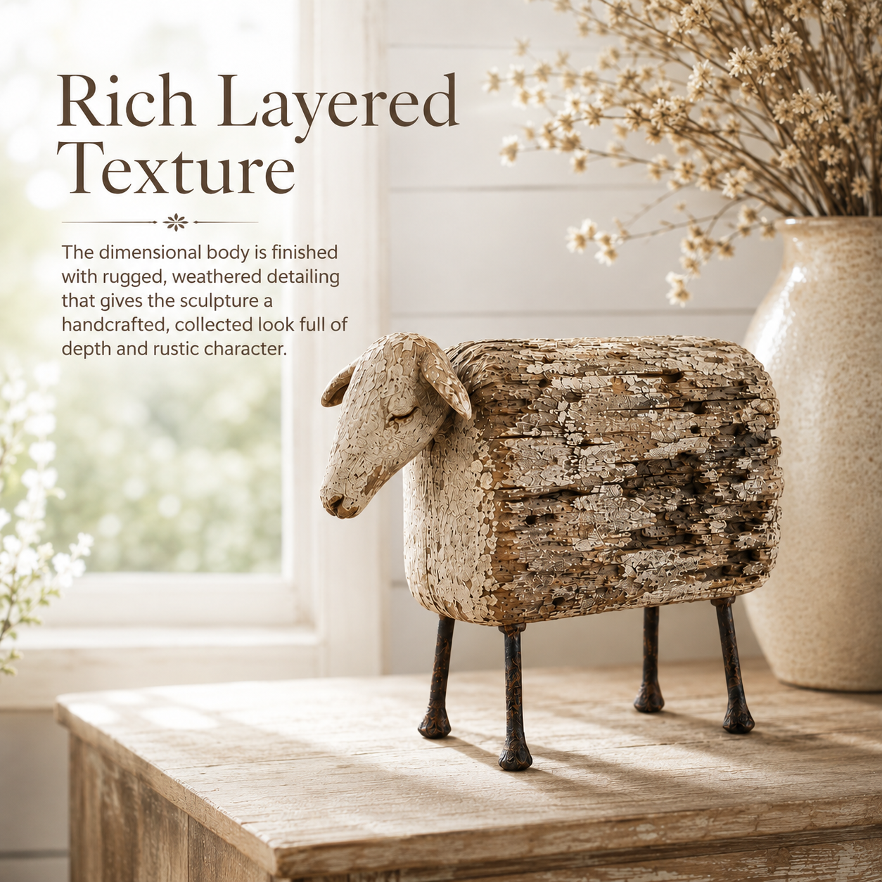 Vintage Distressed Sheep  Sculpture-HandPrint