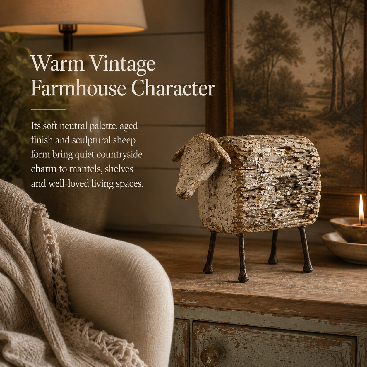 Vintage Distressed Sheep  Sculpture-HandPrint
