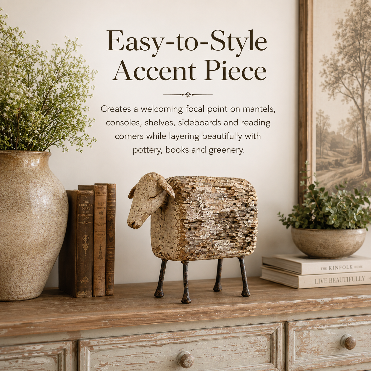 Vintage Distressed Sheep  Sculpture-HandPrint
