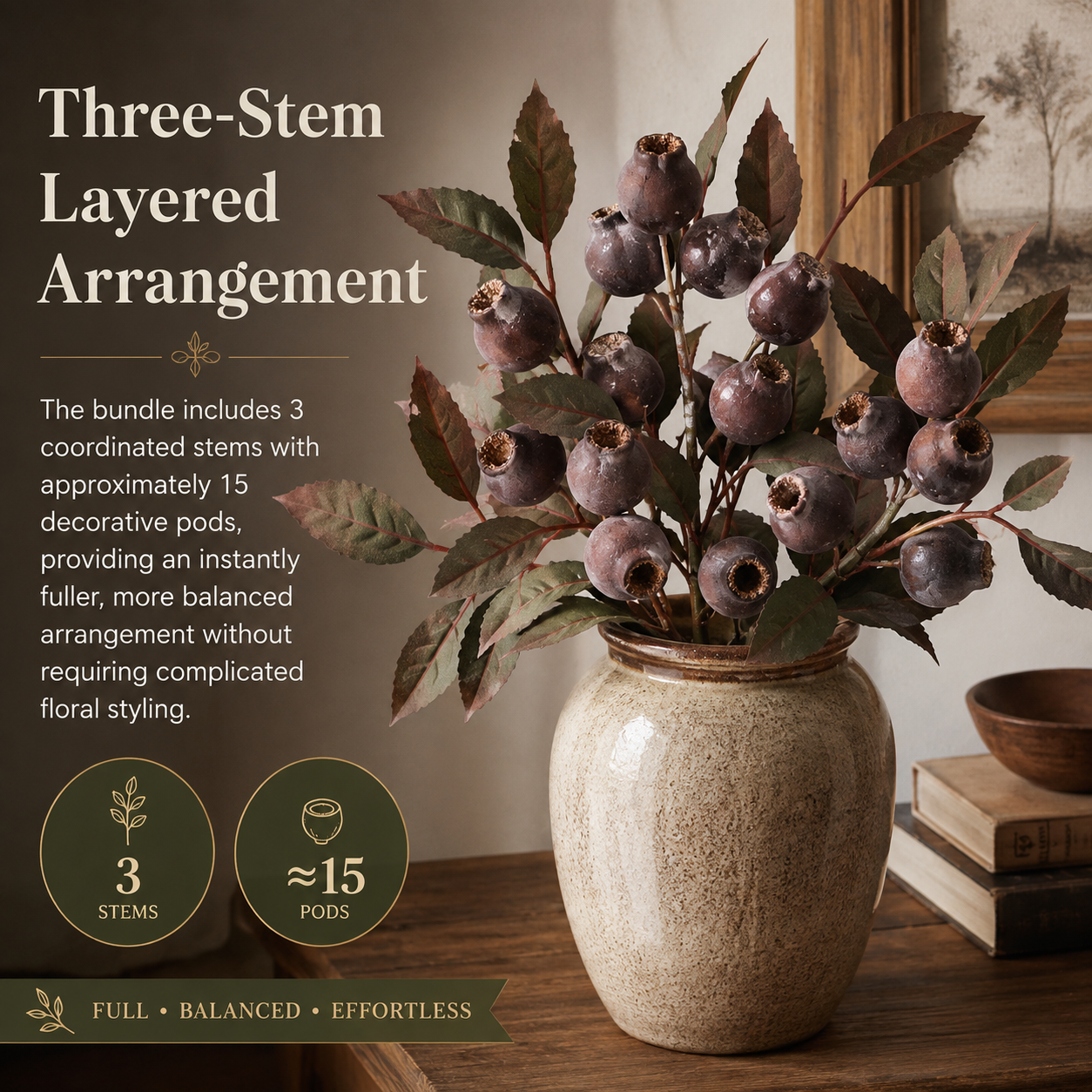 3 Pack Vintage Faux Seed Pod Bouquet – Rustic Seasonal Farmhouse Floral Stems-HandPrint