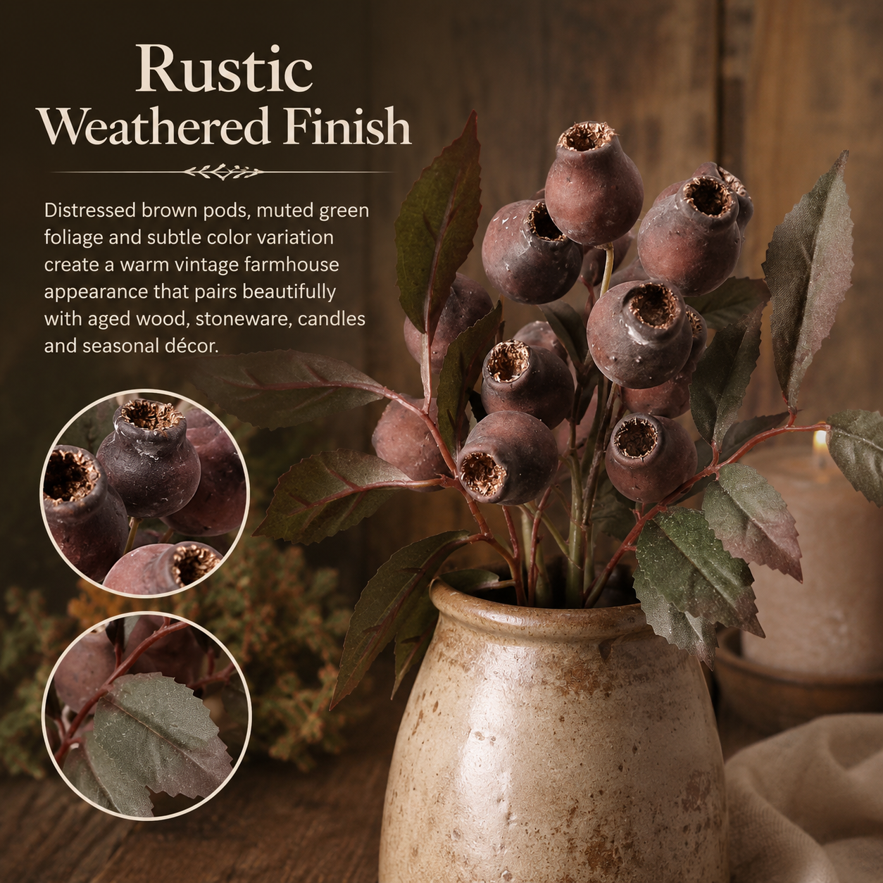 3 Pack Vintage Faux Seed Pod Bouquet – Rustic Seasonal Farmhouse Floral Stems-HandPrint