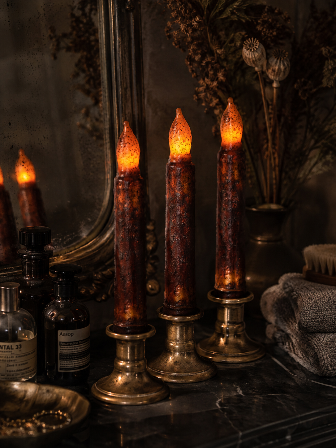 6Pack Rustic Dripping Wax Flameless Taper Candles-HandPrint