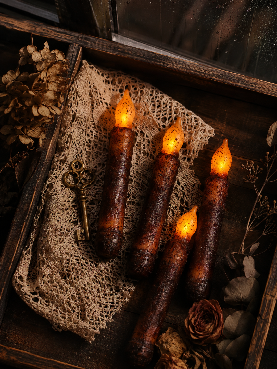6Pack Rustic Dripping Wax Flameless Taper Candles-HandPrint