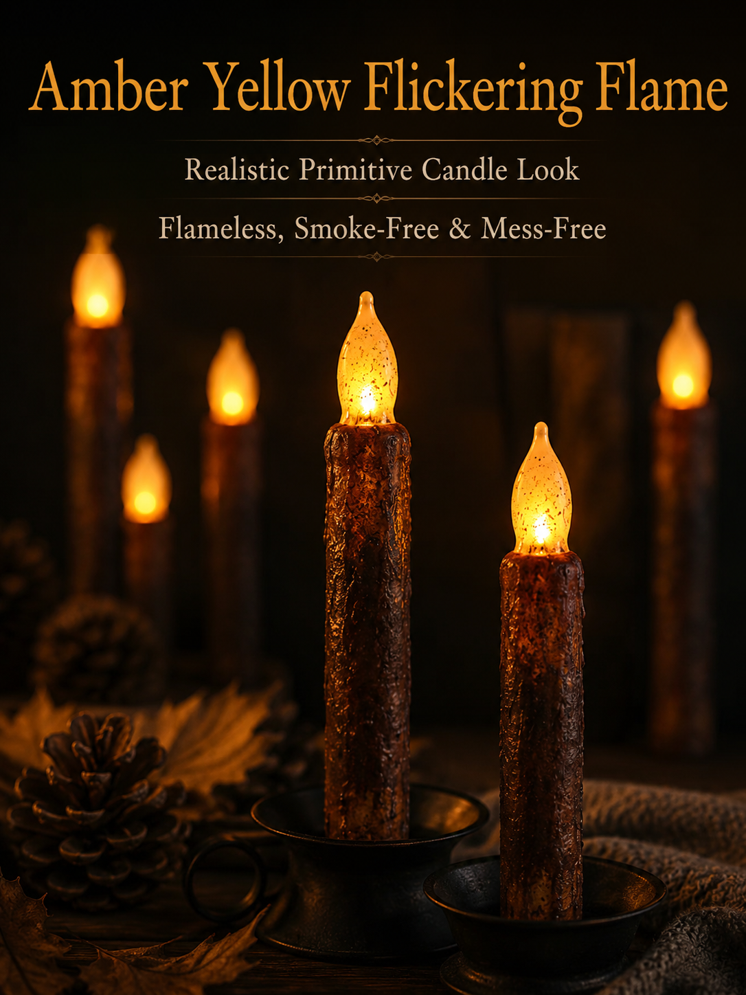 6Pack Rustic Dripping Wax Flameless Taper Candles-HandPrint