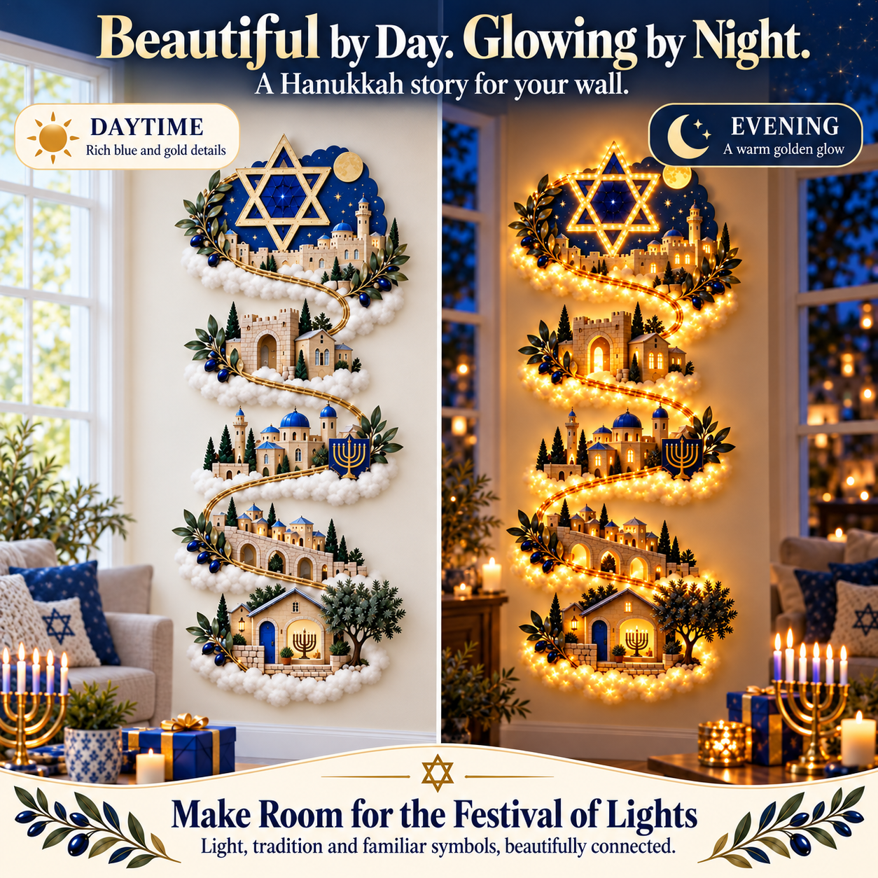 🔥🎁🕎 Hanukkah Festival of Lights Wall Decor Collection – 4 Glowing Designs Celebrating Eight Nights of Light ✨-HandPrint