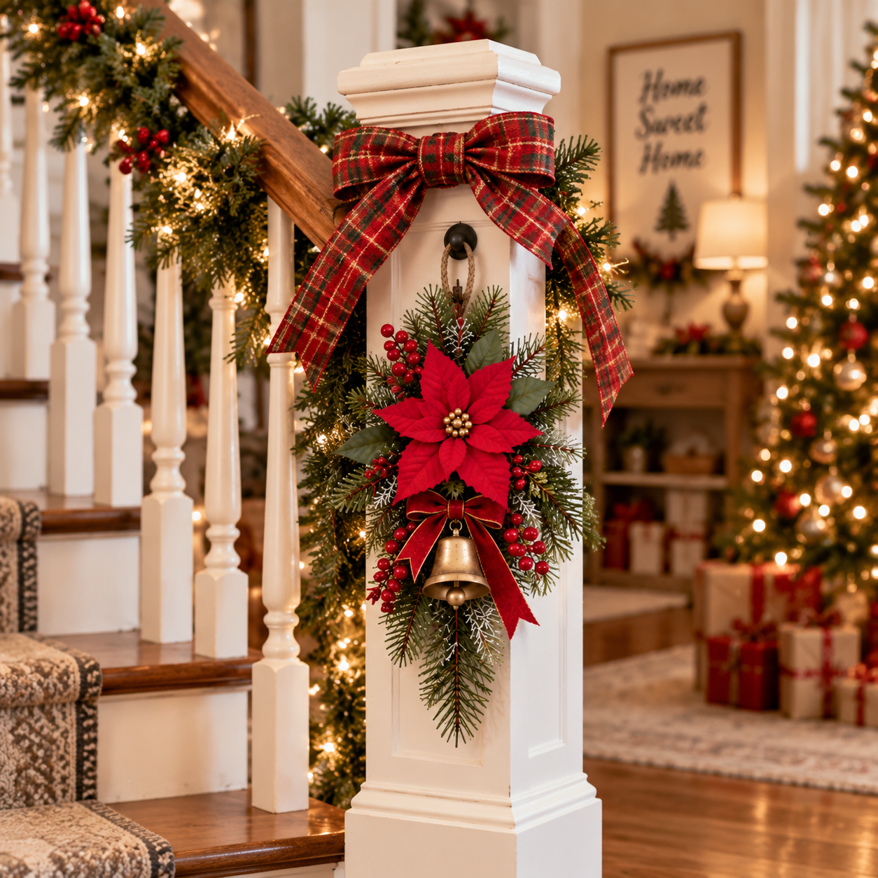 Classic Red Poinsettia Christmas Door Swag-HandPrint