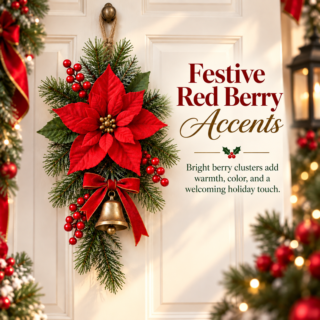 Classic Red Poinsettia Christmas Door Swag-HandPrint