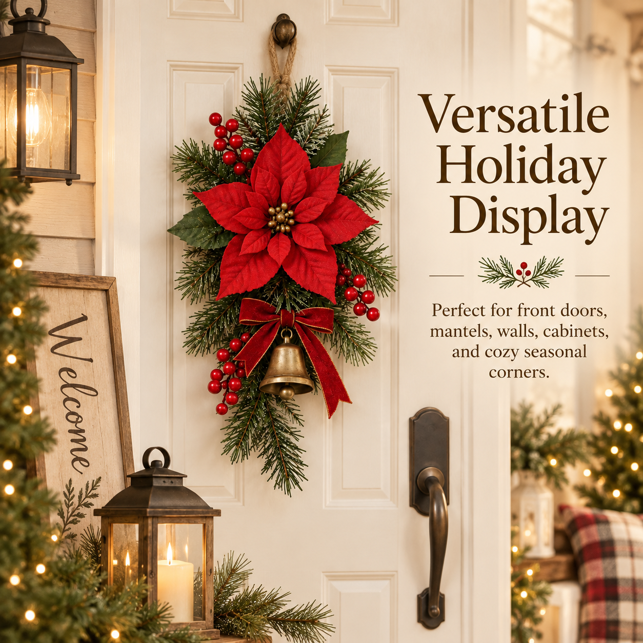 Classic Red Poinsettia Christmas Door Swag-HandPrint