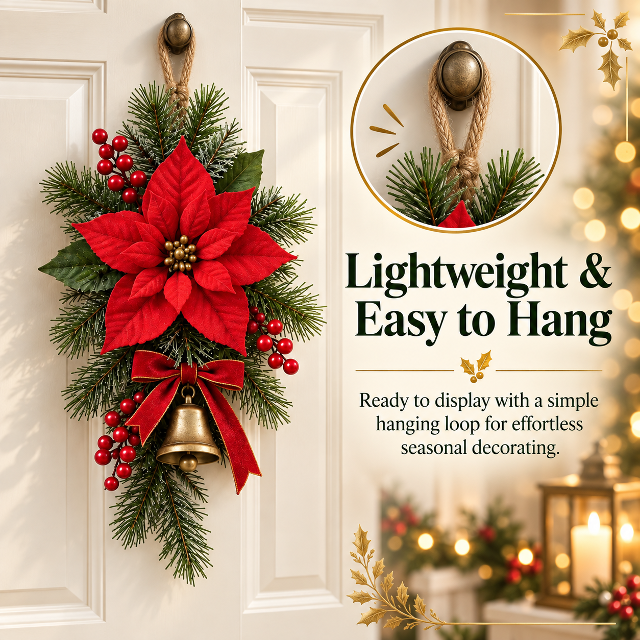 Classic Red Poinsettia Christmas Door Swag-HandPrint