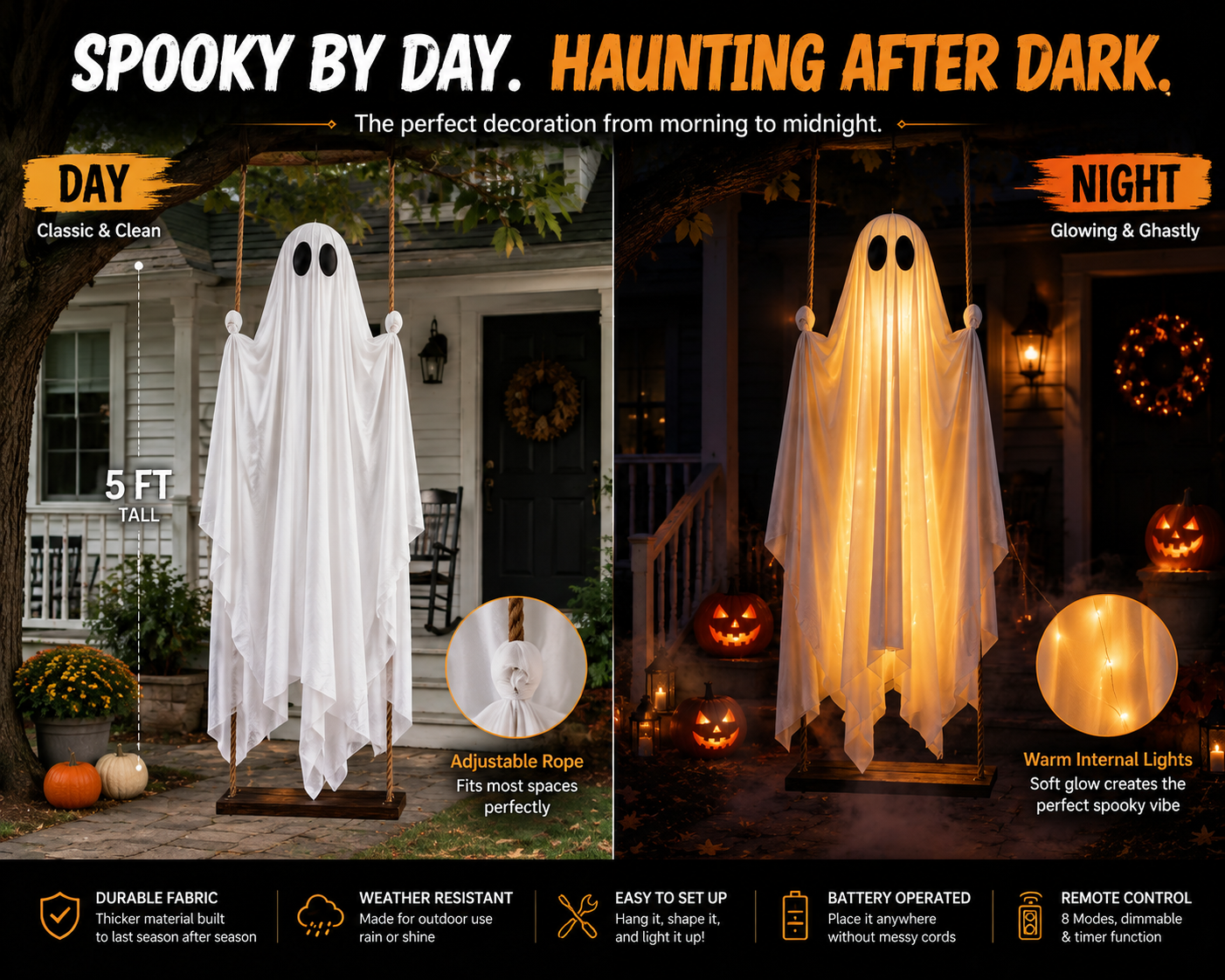 The Midnight Guest – 5FT Light-Up Swinging Ghost-HandPrint