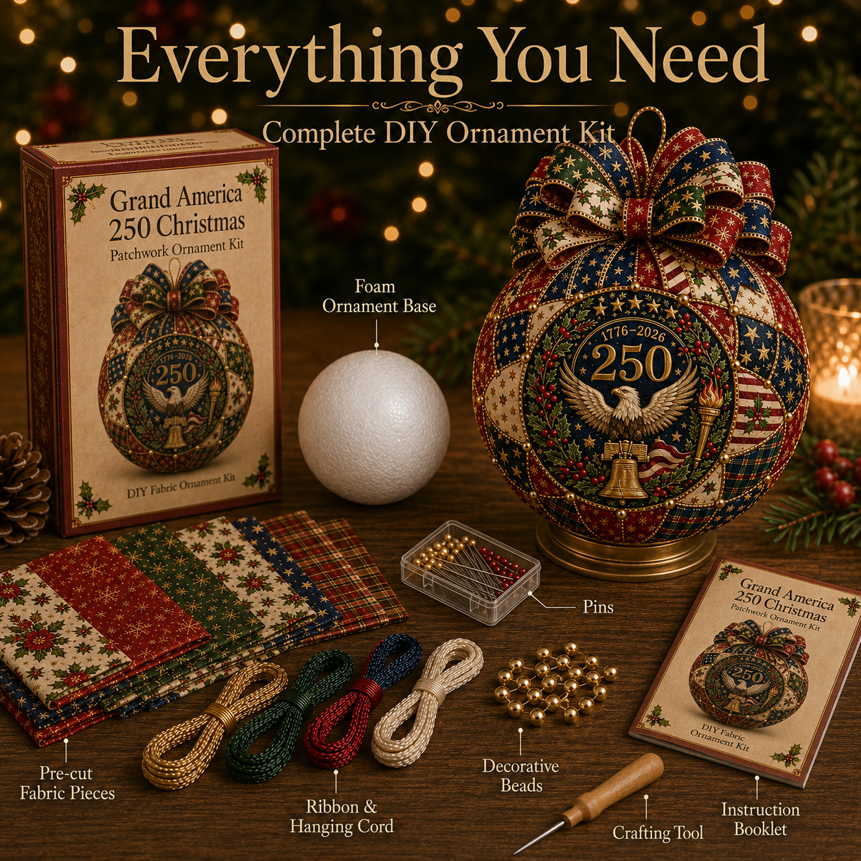 Beginner-Friendly USA 250th Anniversary Christmas Patchwork Ornament DIY Kit-HandPrint