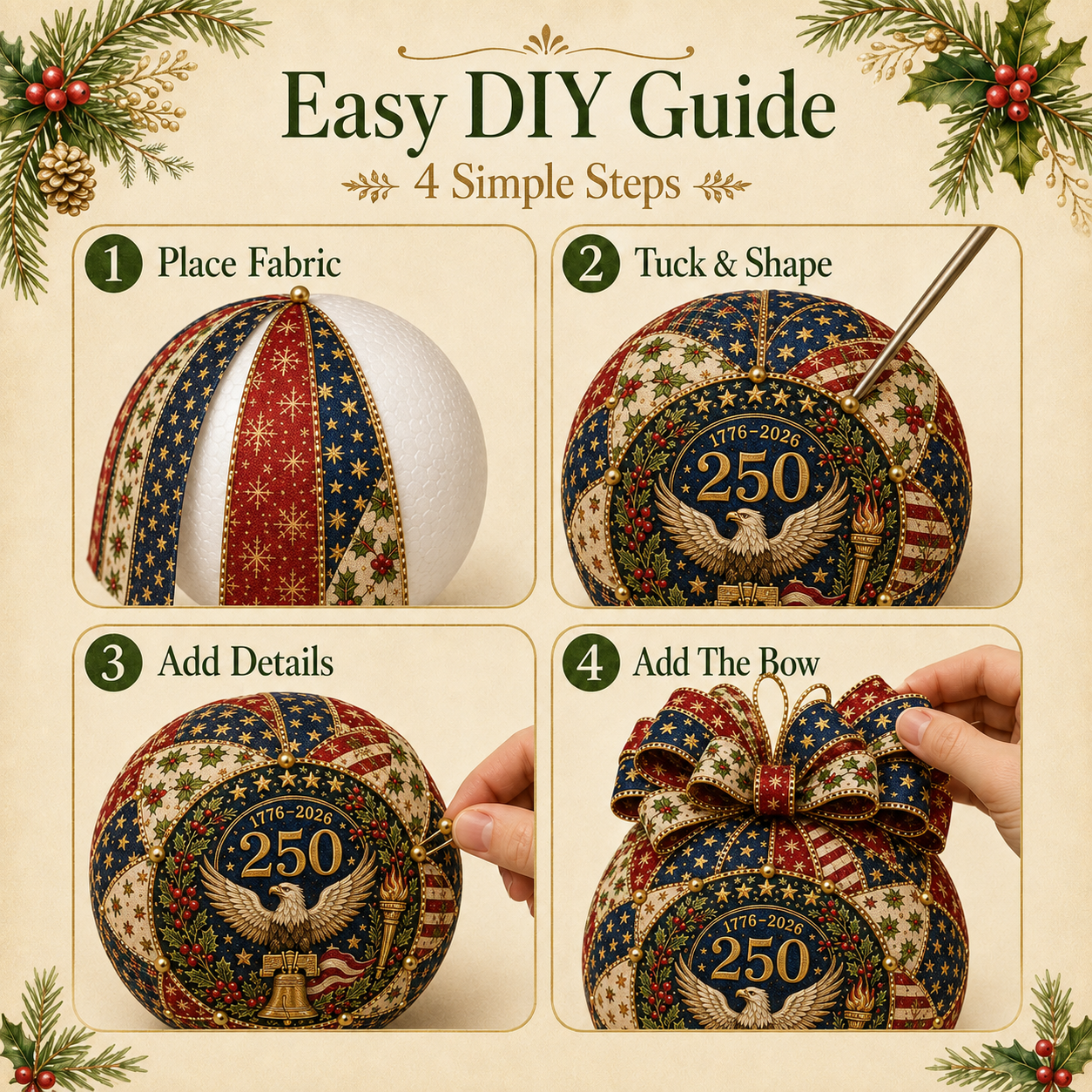 Beginner-Friendly USA 250th Anniversary Christmas Patchwork Ornament DIY Kit-HandPrint