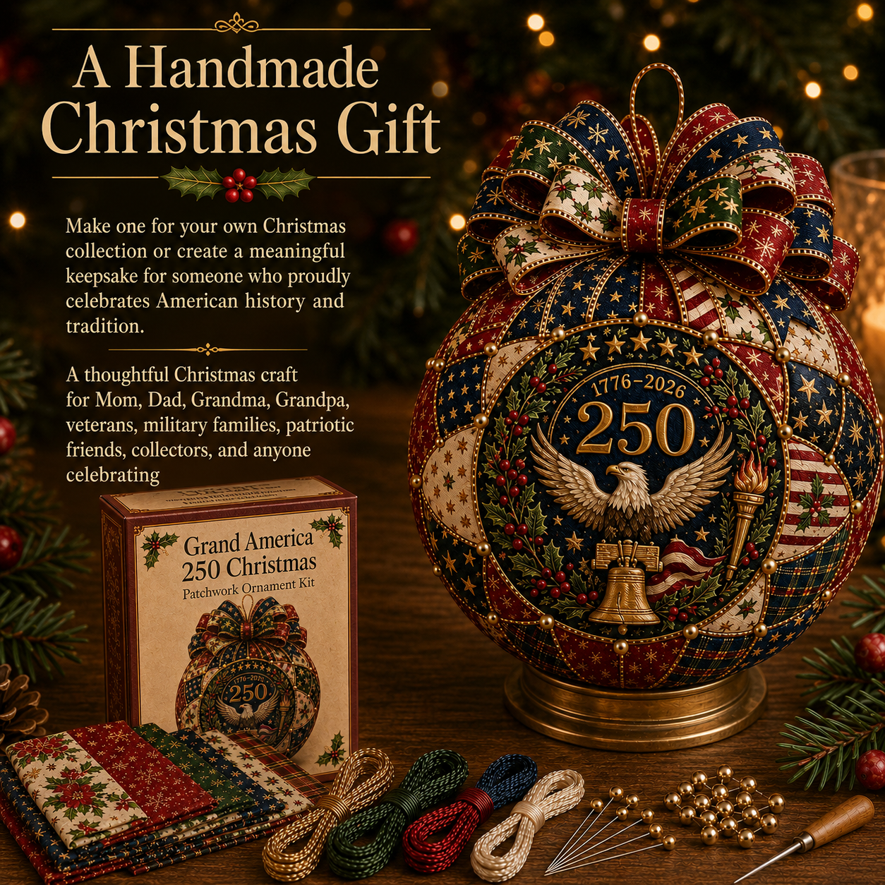 Beginner-Friendly USA 250th Anniversary Christmas Patchwork Ornament DIY Kit-HandPrint