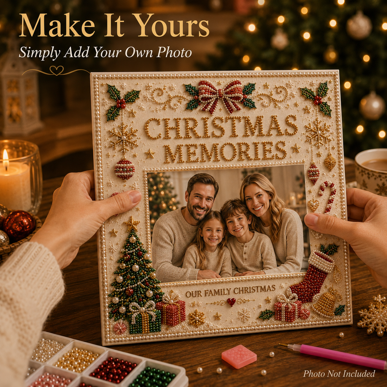 🎄 Christmas Memories DIY Photo Frame Bead Art Kit-HandPrint