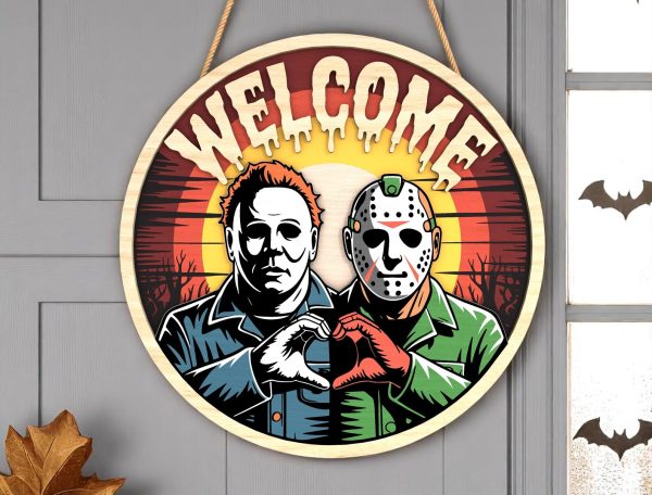 Halloween Door Hanger | Horror Couple Welcome Sign | Killer Friends Heart Hands Decor | Spooky Wall Gift for Halloween Lovers-HandPrint