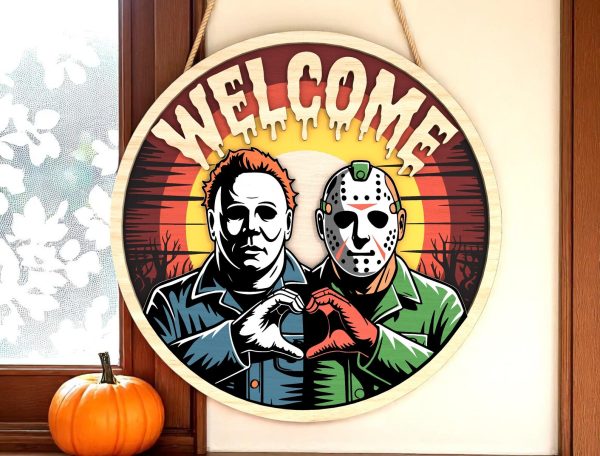 Halloween Door Hanger | Horror Couple Welcome Sign | Killer Friends Heart Hands Decor | Spooky Wall Gift for Halloween Lovers-HandPrint