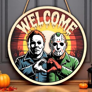 Halloween Door Hanger | Horror Couple Welcome Sign | Killer Friends Heart Hands Decor | Spooky Wall Gift for Halloween Lovers-HandPrint