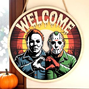 Halloween Door Hanger | Horror Couple Welcome Sign | Killer Friends Heart Hands Decor | Spooky Wall Gift for Halloween Lovers-HandPrint
