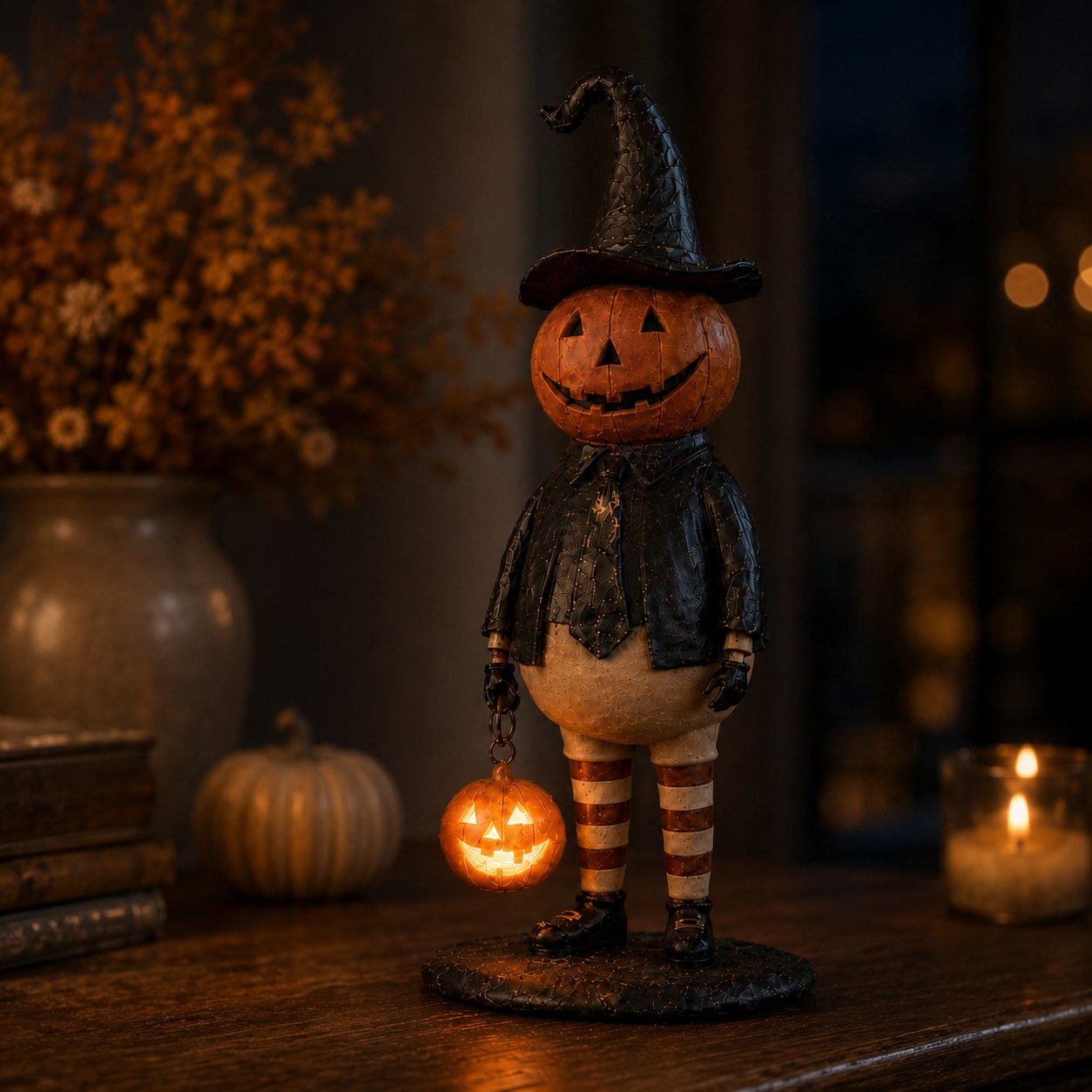 Halloween Pumpkin Head Figurine with Lighted Handheld Pumpkin Lantern-HandPrint
