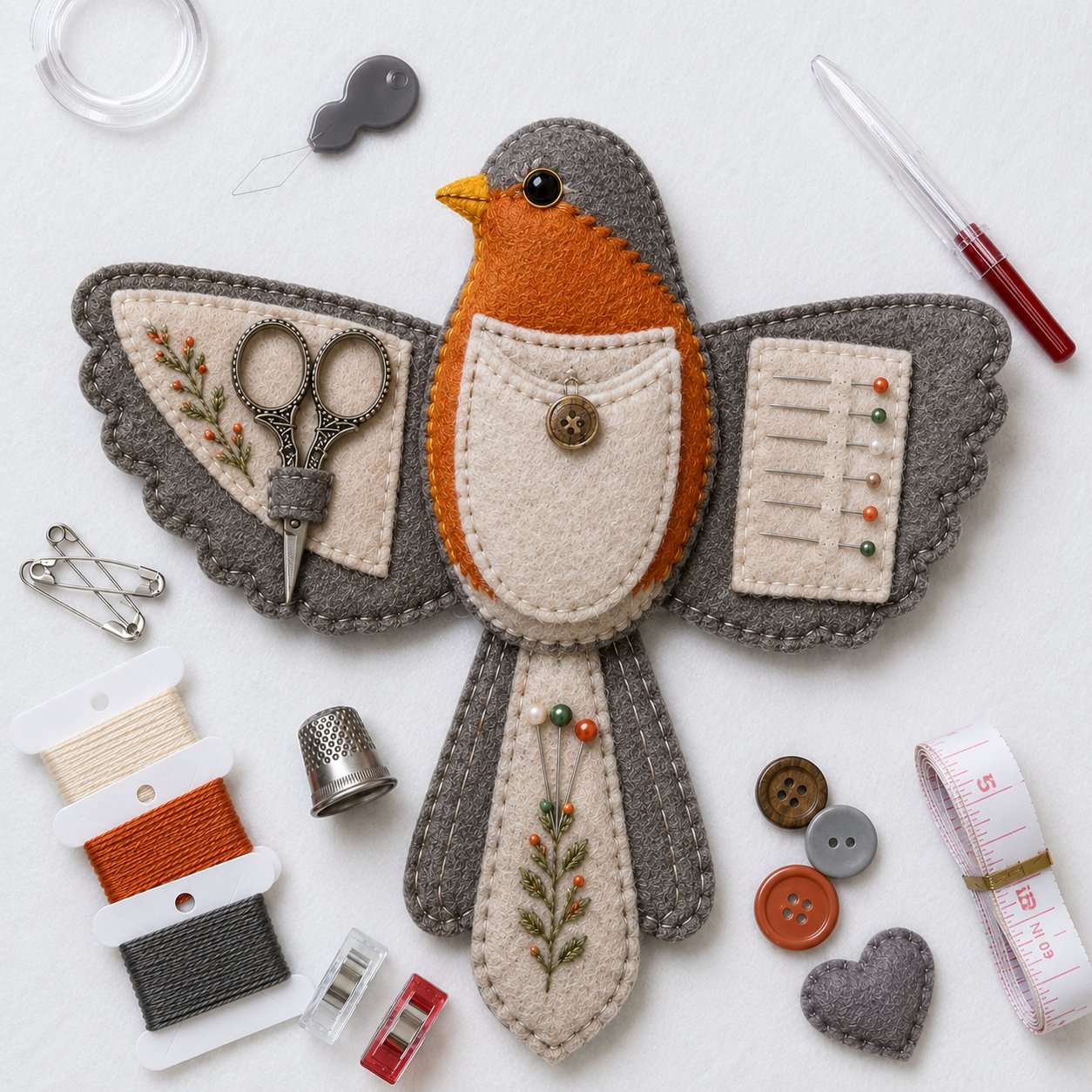 🐦 Bird-Shaped Felt Sewing Organizer DIY Kit - Cardinal-HandPrint