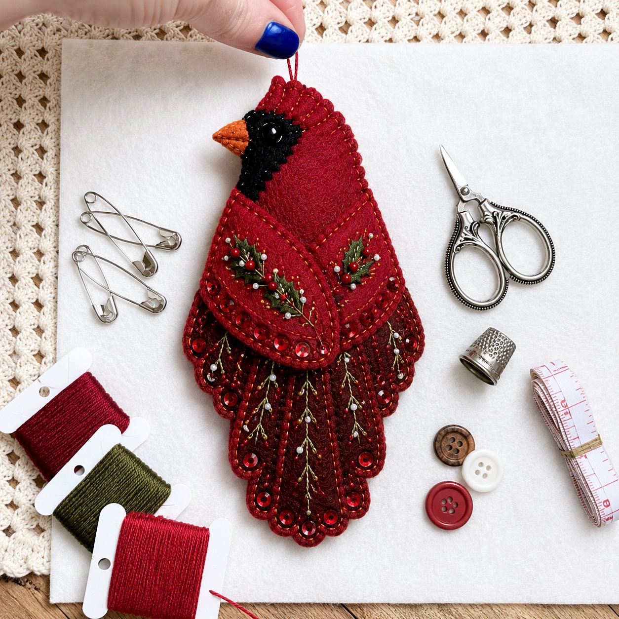 🐦 Bird-Shaped Felt Sewing Organizer DIY Kit - Cardinal-HandPrint