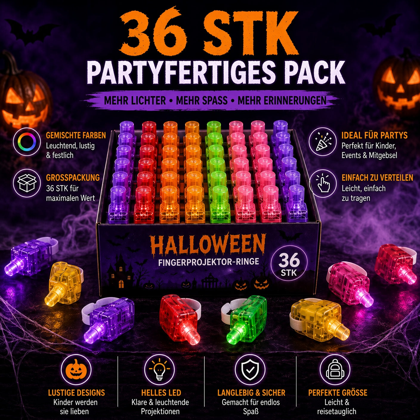 👻🎃 Halloween-Fingerprojektorringe – LED-Partymitgebsel für Kinder-HandPrint