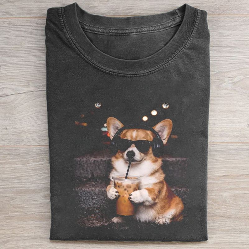 Corgi Drinking Iced Coffee T-shirt-NaturexCraft
