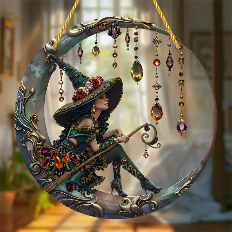 Halloween Charming Moonlight Witch Glass Window Hanging Sun Catcher-HandPrint