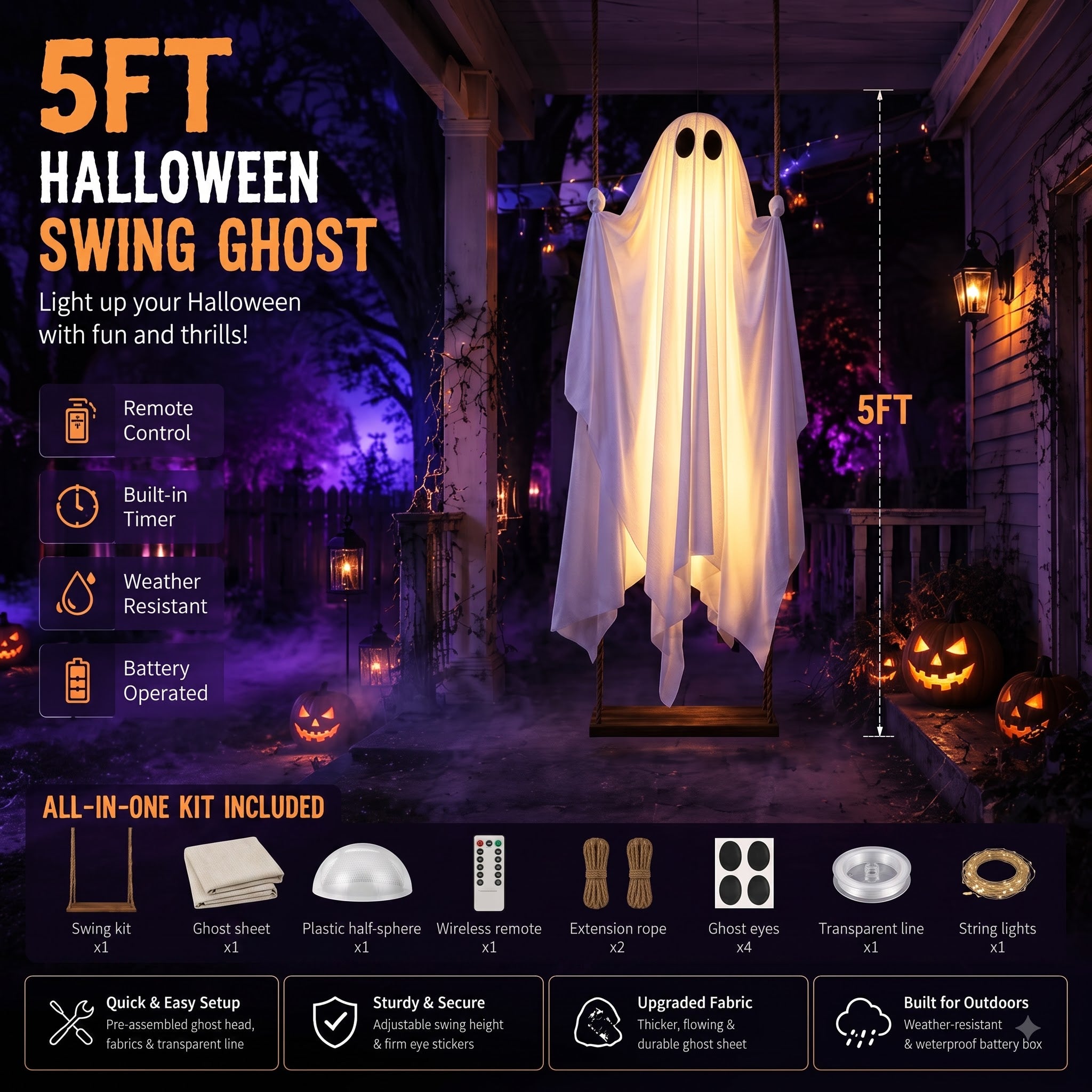 The Midnight Guest – 5FT Light-Up Swinging Ghost-HandPrint
