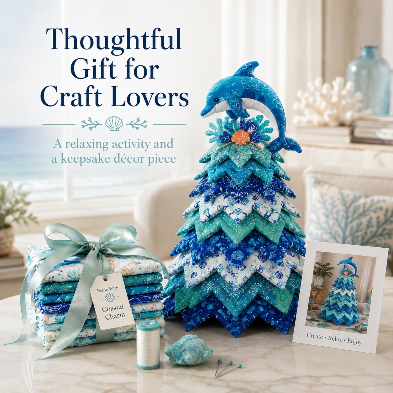 🌊 Ocean Dreams Layered Fabric Tree Craft Kit | Create a Freestanding Coastal Centerpiece with Coordinated Fabrics & Marine Topper 🐚✨-HandPrint