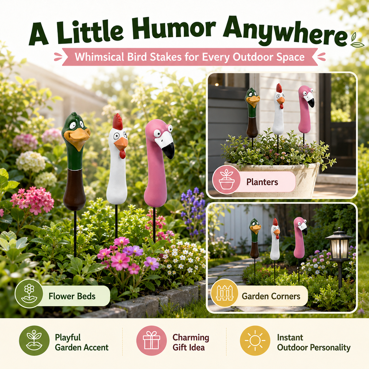 🌿 Funny Peeking Bird Garden Stakes – 3-Piece Whimsical Yard Decor-HandPrint