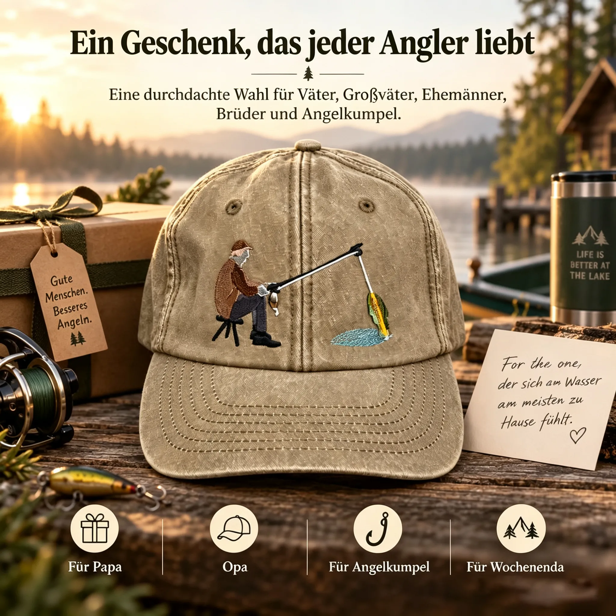 🎣 Interaktive „Fang des Tages“-Angelkappe – Hut mit beweglichem Fisch im Vintage-Waschung-Look-HandPrint