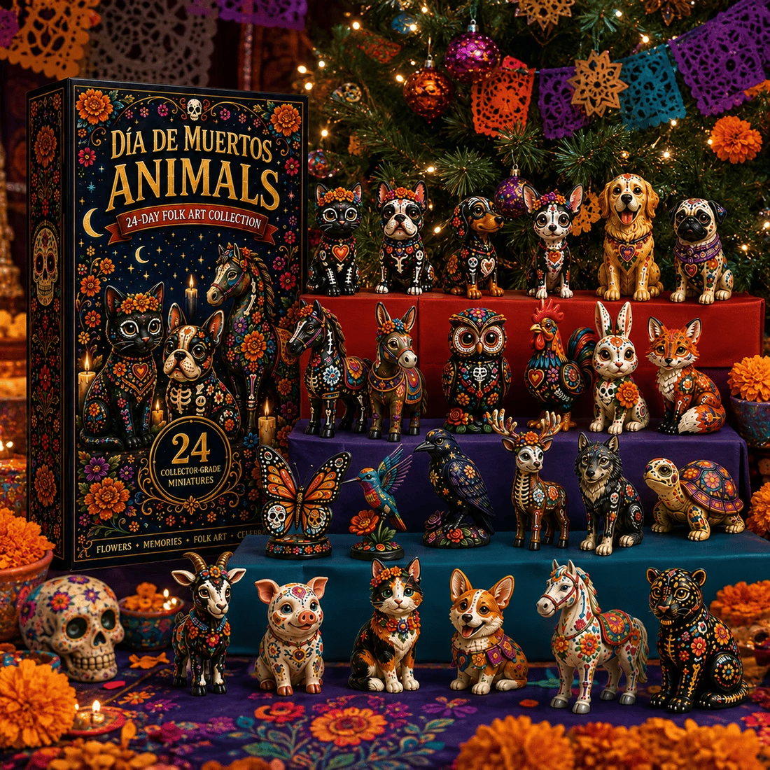 Día de Muertos Animals Advent Calendar 2026 – 24‐Day Folk Art Animal Figurine Collection | 24 Unique Collector‐Grade Miniatures-HandPrint