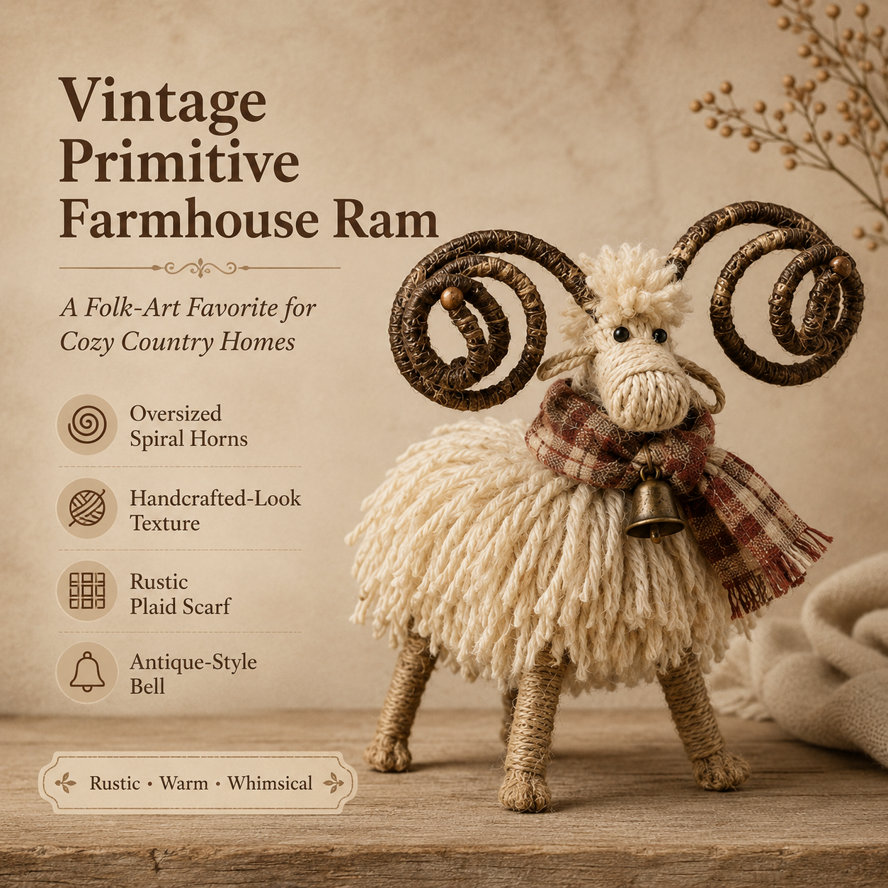 Vintage Primitive Farmhouse Ram Figurine-HandPrint