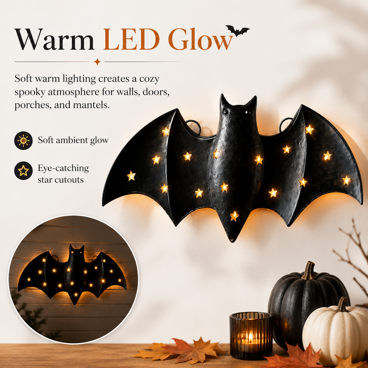 1pcs / Lighted Metal Bat Wall Decor -- 7.9 x 3.9 in Black Iron Bat Wall Hanging with Warm LED Glow-HandPrint