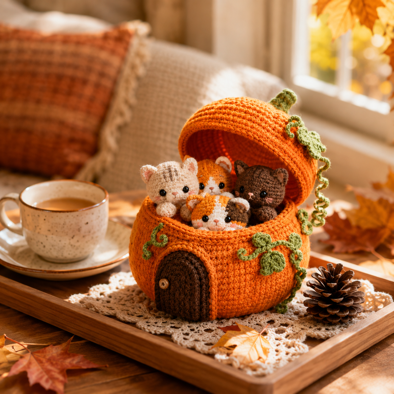 Crochet Pumpkin Cat House with 4 Kittens – Cute Fall & Halloween Home Decor, Cozy Cat Lover Gift 🐱🍂-HandPrint