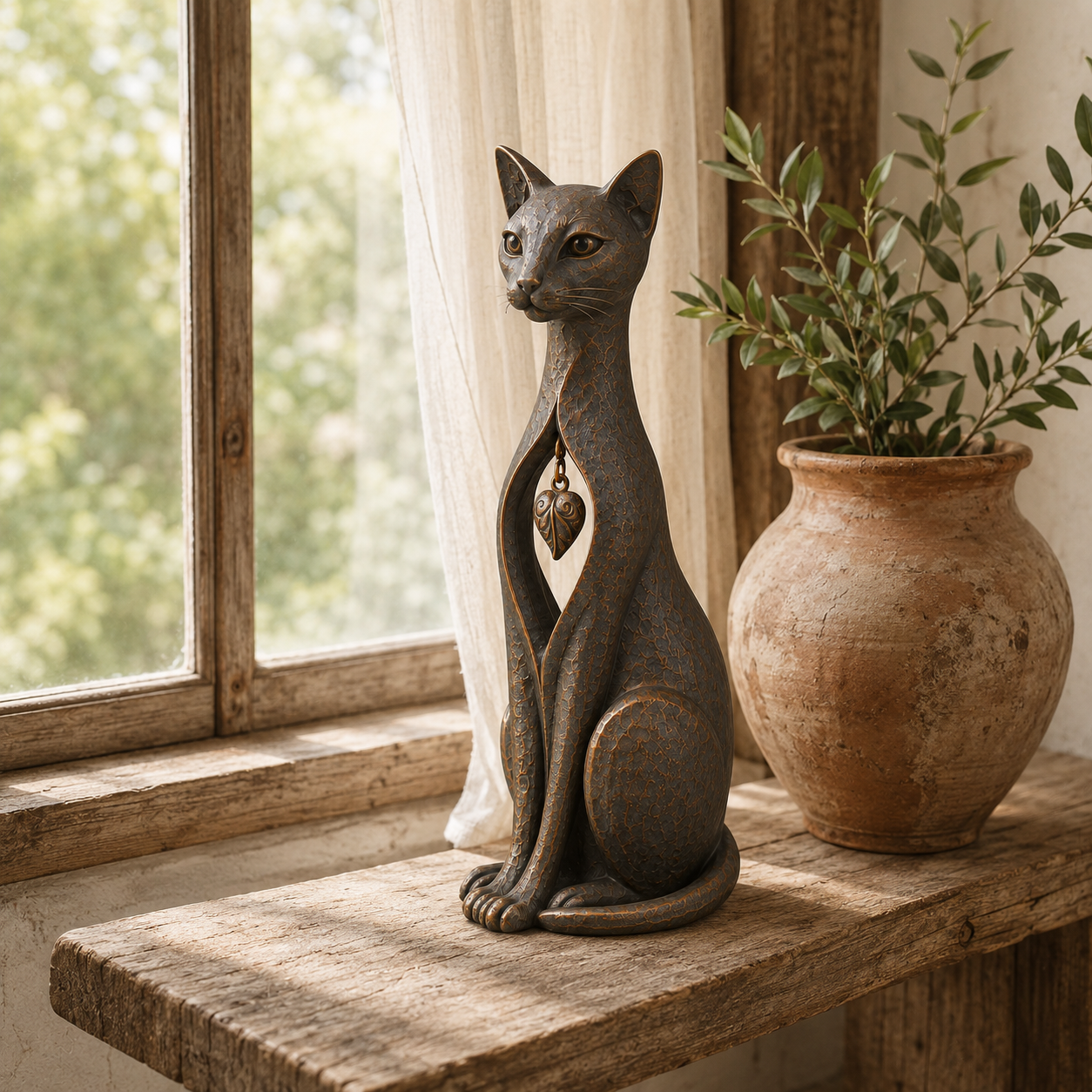Vintage Bronze Cat Sculpture with Hanging Leaf Charm-HandPrint