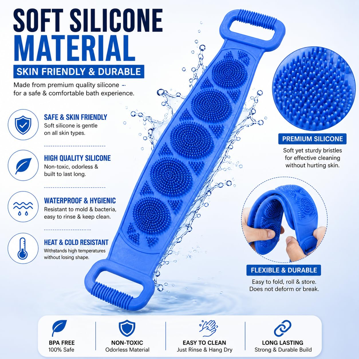 🧼Silicone Back Scrubber for Bath, Double-Sided Body Exfoliating Bath Brush with Soft Silicone Bristles-HandPrint