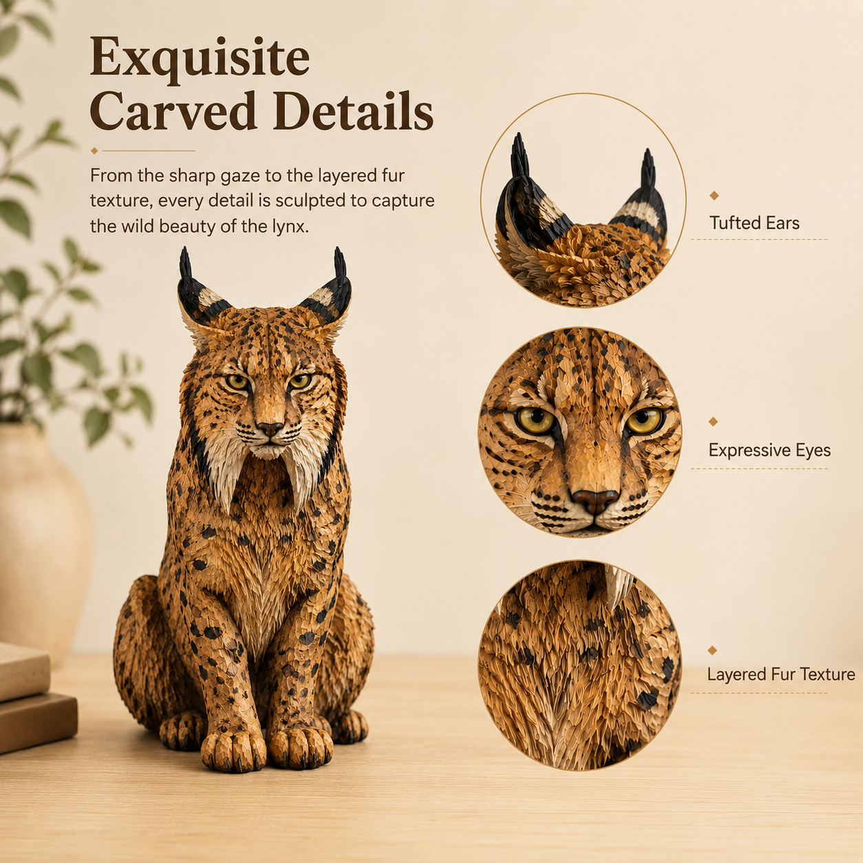 🐾 Hand-Carved Wooden Lynx Sculpture-HandPrint