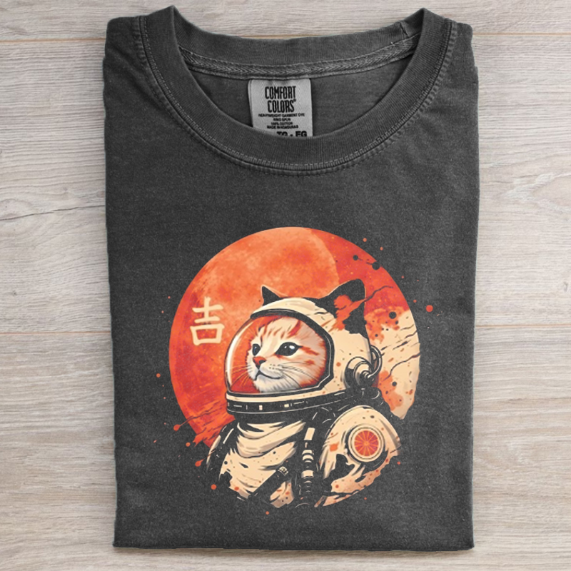 Japanese Minimalist 1950s Retro Space Cat Good Luck Kanji T-shirt-NaturexCraft