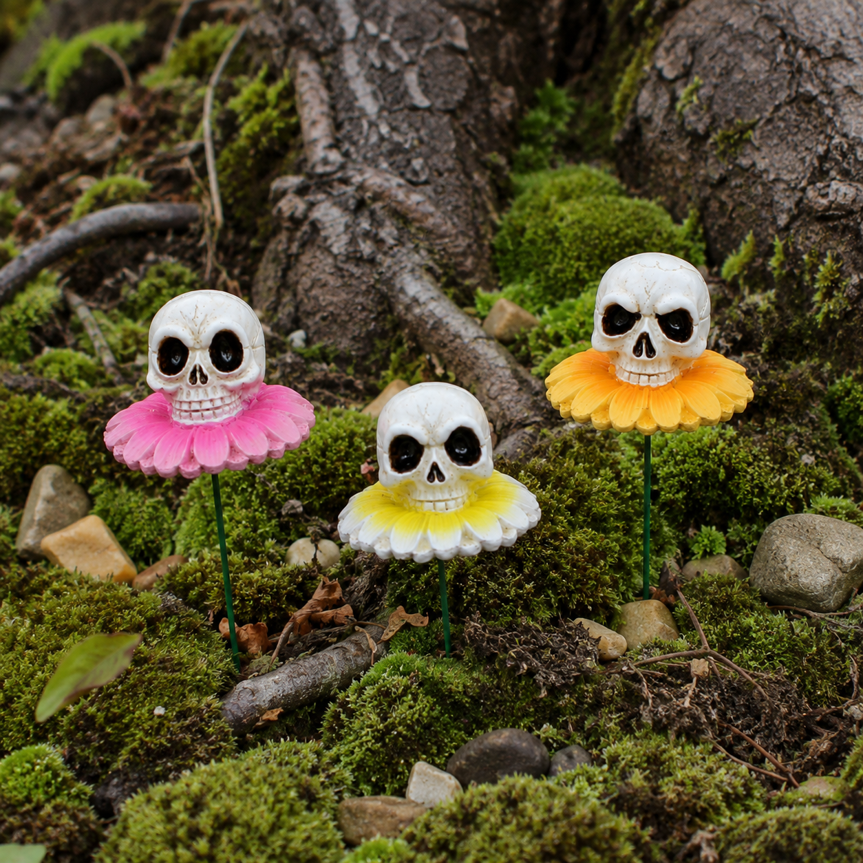 3pcs/Lot Gothic Dark Skull And Flower Figurine-HandPrint