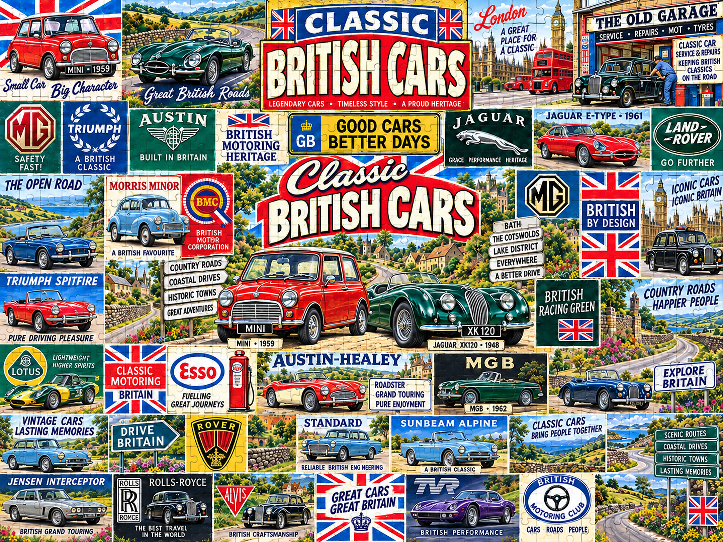 Classic British Cars – 1000 Piece Jigsaw Puzzle-HandPrint