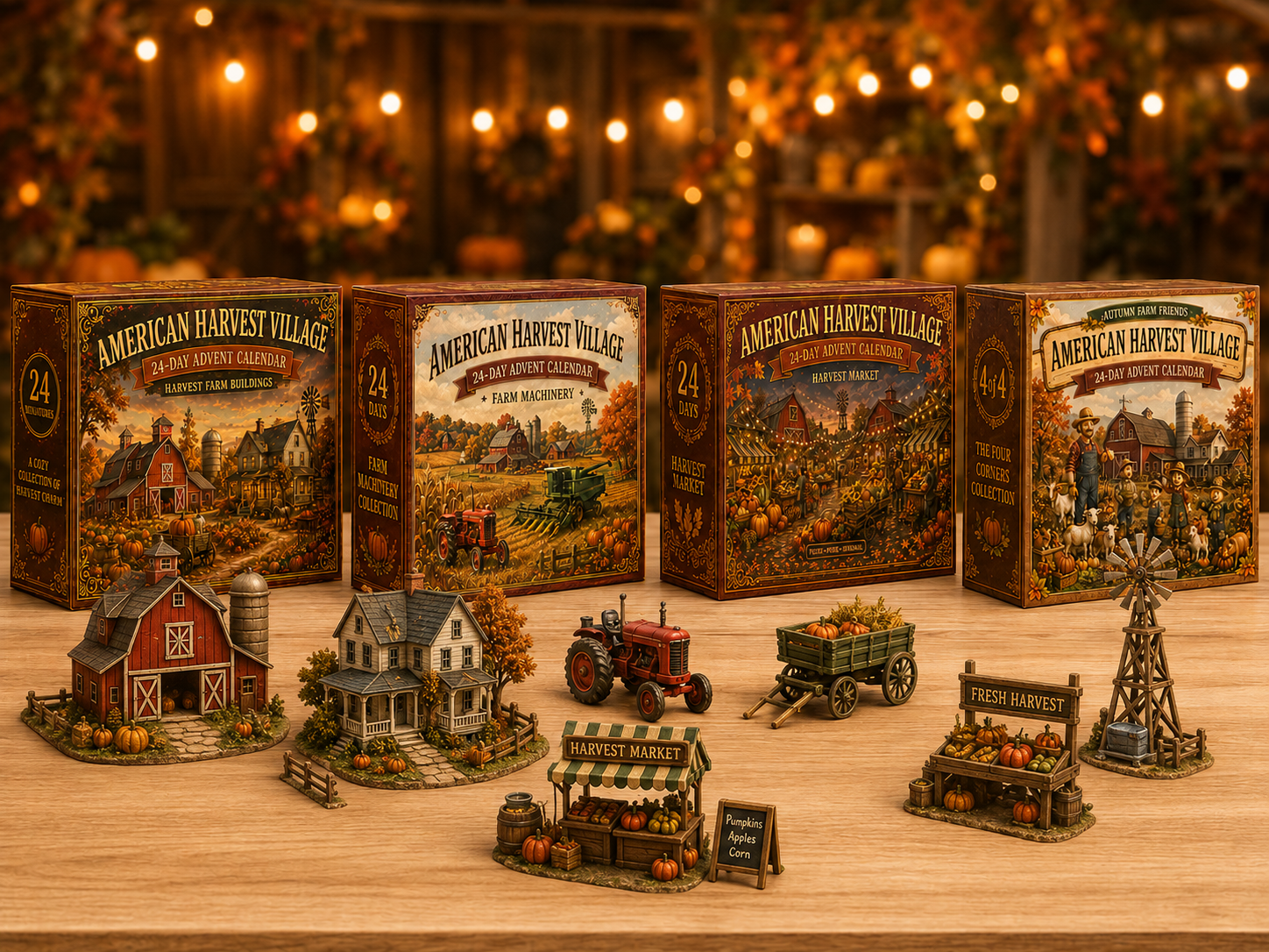 🍂 2026 American Harvest Village Advent Calendar – 24 Collectible Miniatures, 4 Cozy Fall Farm Styles-HandPrint