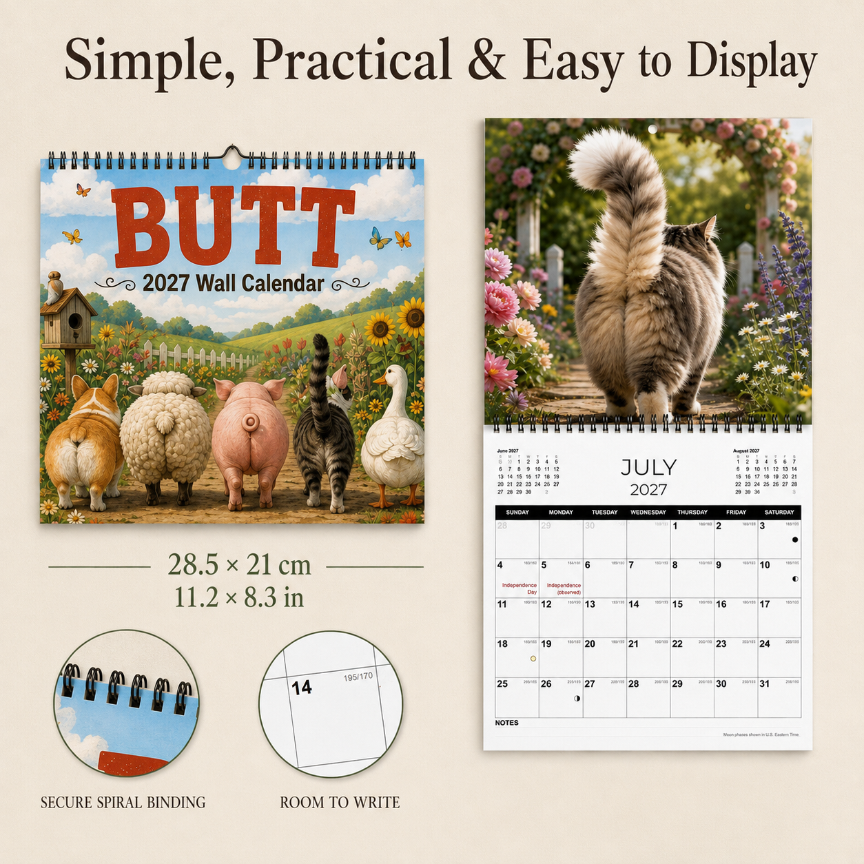 🍑🐾 BUTT Seriously… 2027 Funny Animal Wall Calendar-HandPrint